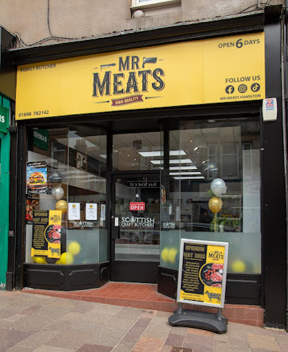 Mr Meats Hamilton yellow shopfront on Quarry Street